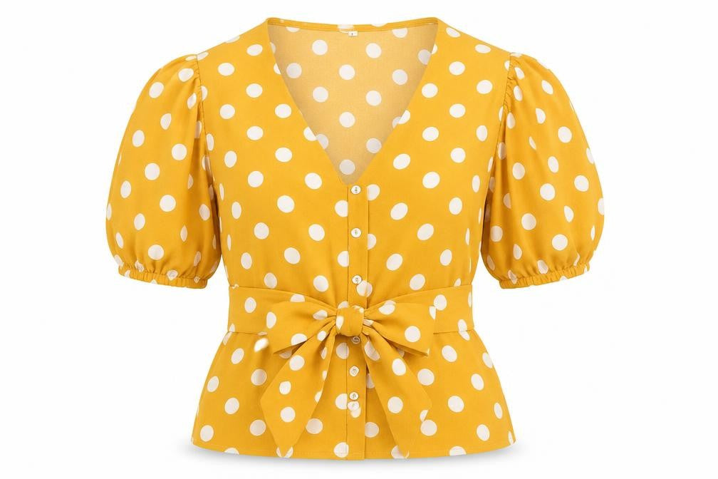 Front view of Preworn women’s yellow polka dot polyester basic blouse, size L, v-neck