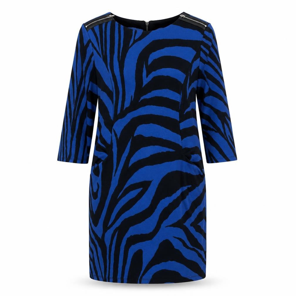 Front view of Wallis women’s blue geometric polyester a-line, size UK 12, round neck zip