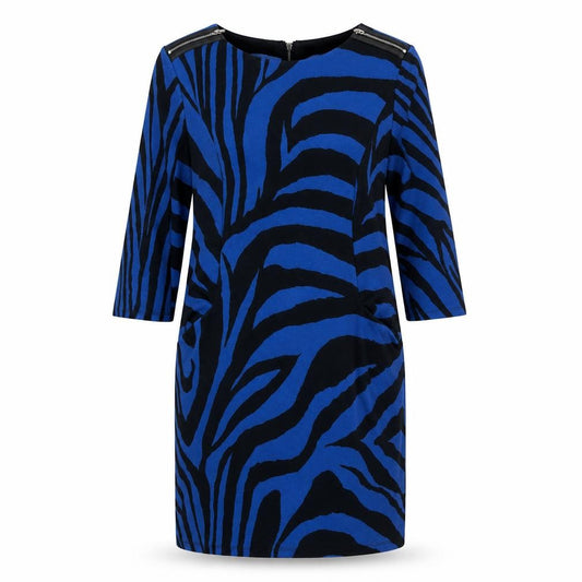 Front view of Wallis women’s blue geometric polyester a-line, size UK 12, round neck zip