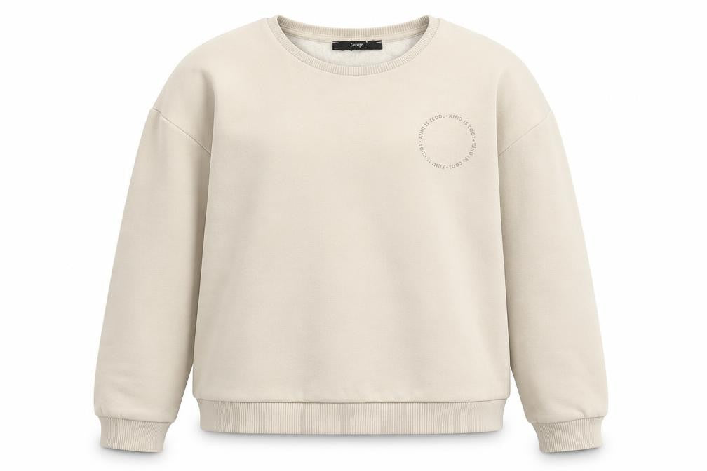 Front view of George girls’ beige cotton pullover sweatshirt, size 12-13, years - kind is cool
