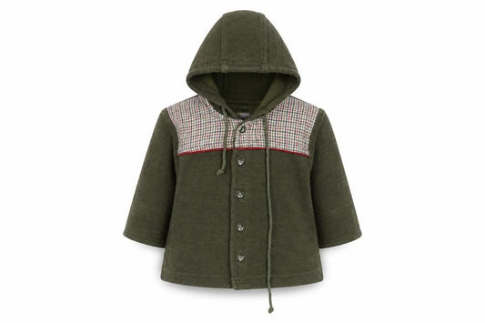 Front view of Kanz girls’ green plaid cotton cardigan jumper, size 6-9, months button