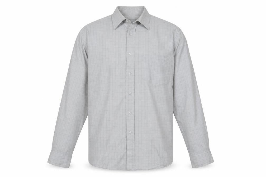 Front view of Dunnes men’s grey plaid cotton button-up, size 16, collared button