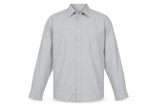Front view of Dunnes men’s grey plaid cotton button-up, size 16, collared button