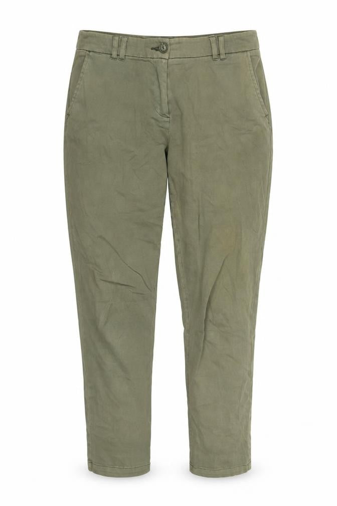 Front view of Oasis women’s green cotton trousers, size UK 10, 27-inch leg regular zip