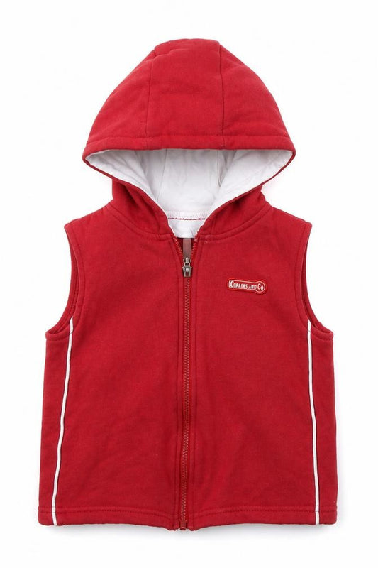 Front view of Beberene boys’ red jacket, size 18, months zip