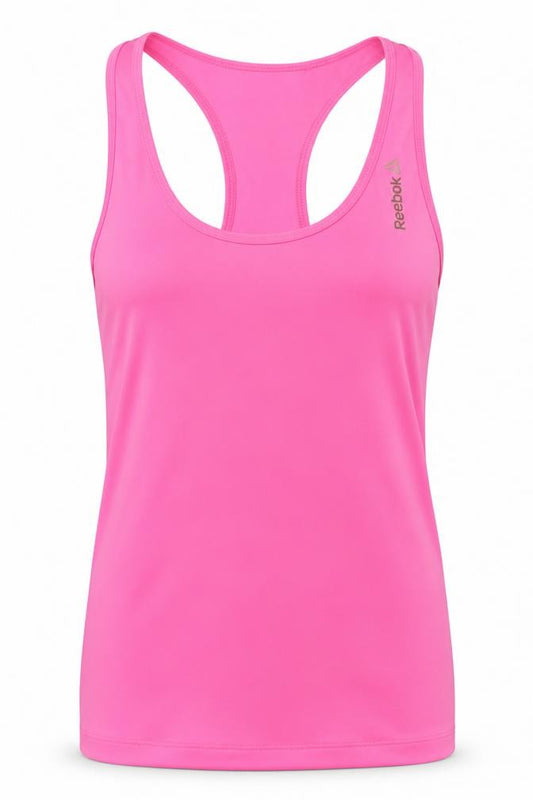 Front view of Reebok women’s pink polyester basic tank, size XS, round neck pullover