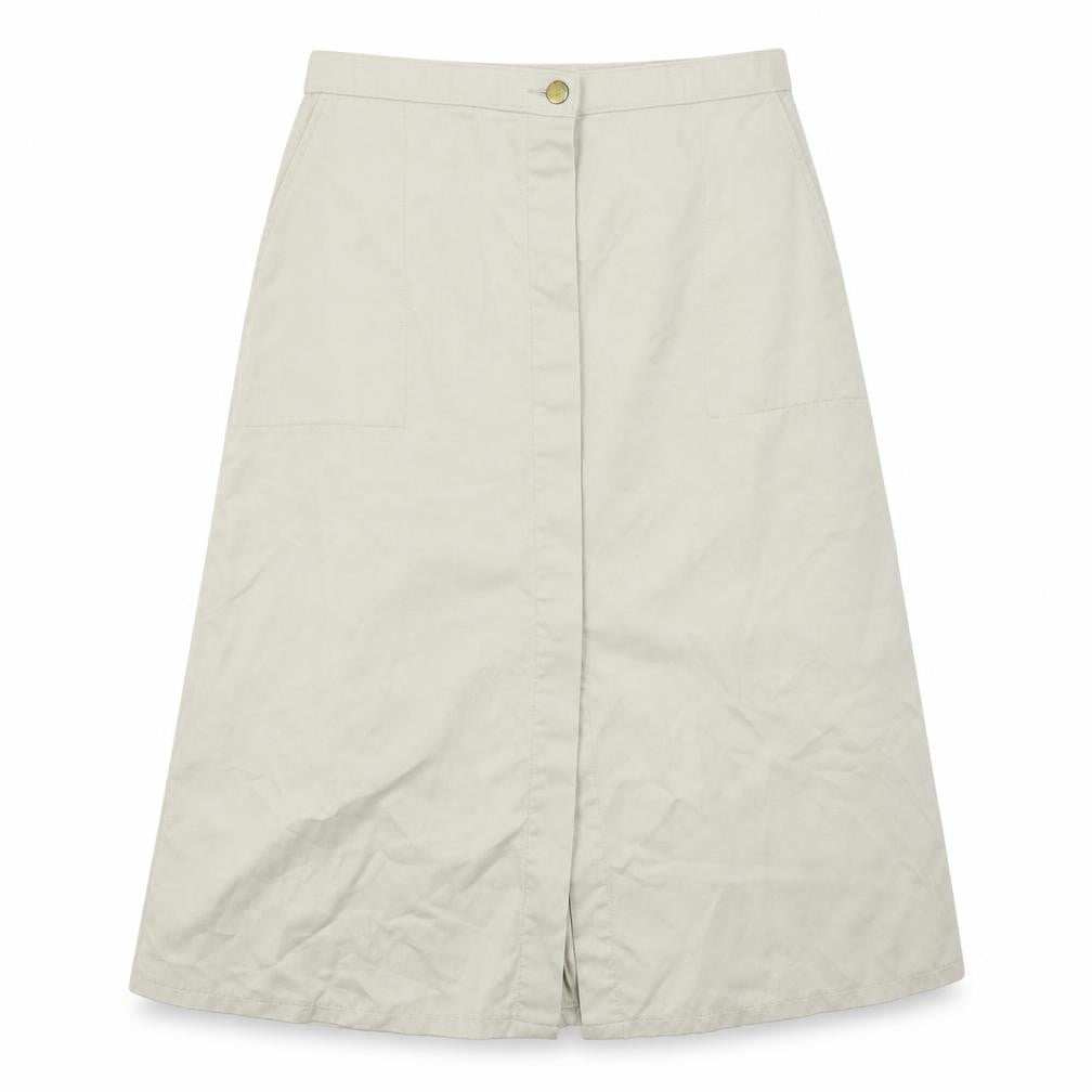 Front view of Preworn women’s beige polyester a-line skirt, size UK 30, in button
