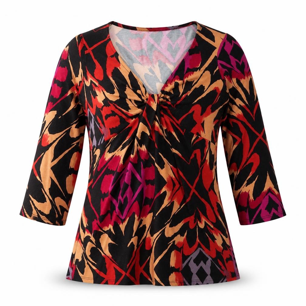 Front view of Wallis women’s black geometric viscose basic t-shirt, size UK 8, v-neck