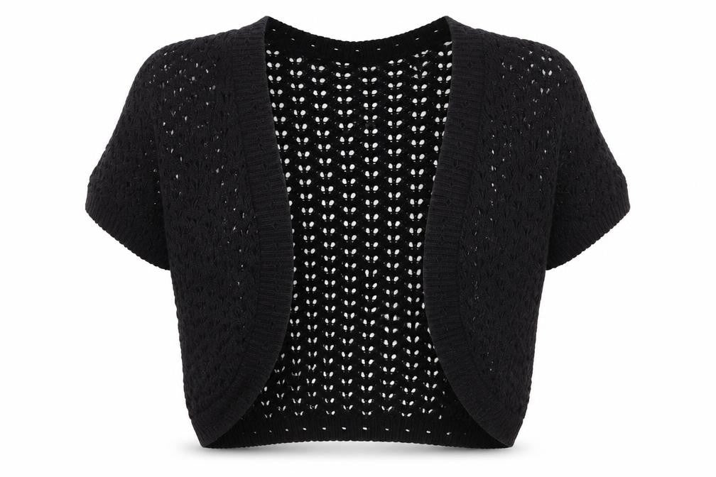 Front view of New Look women’s black v-neck cotton cape jumper, size UK 10
