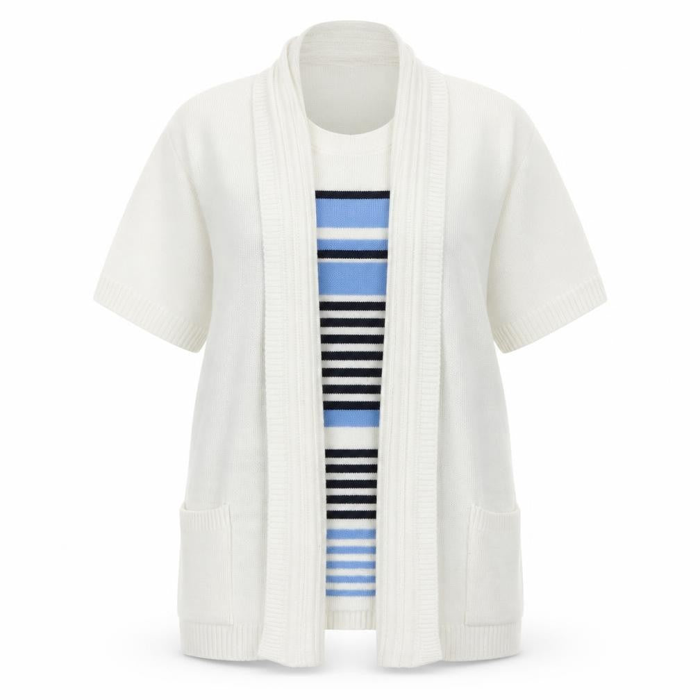 Front view of Beaumonde women’s ivory collared striped acrylic jumper, size M
