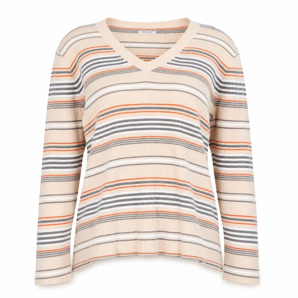 Front view of Damart women’s multicoloured v-neck striped cotton jumper, size L