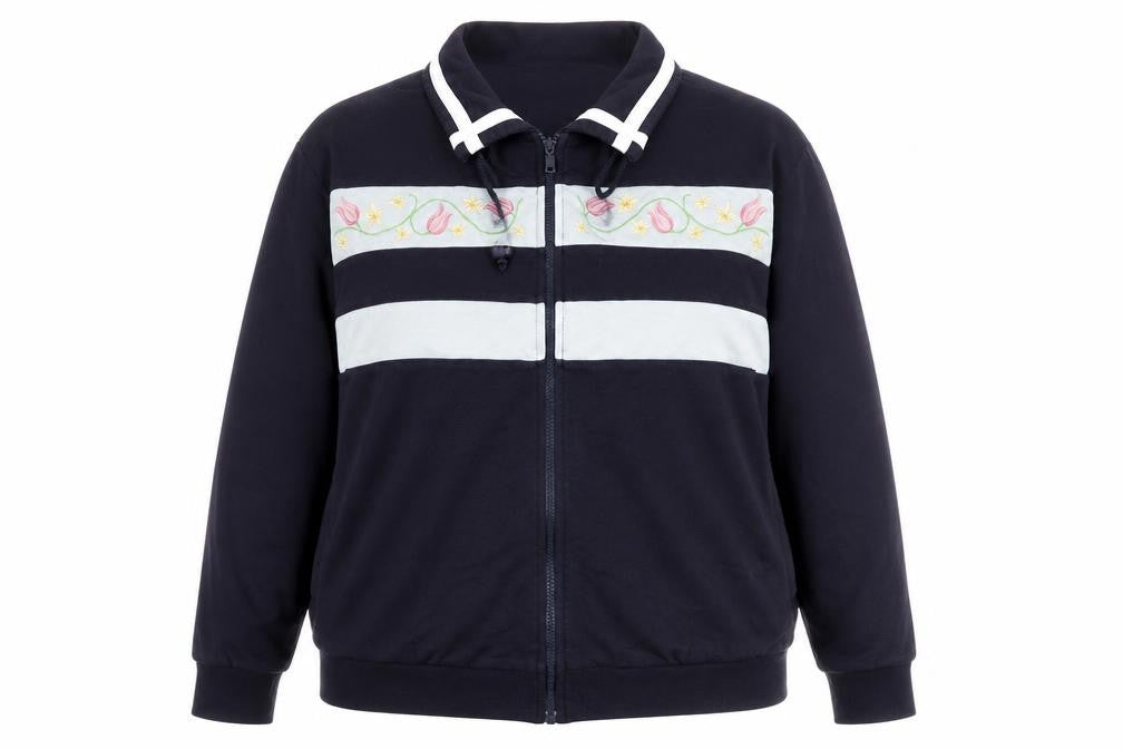 Front view of Dash women’s blue collared cotton full zip jumper, size UK 18