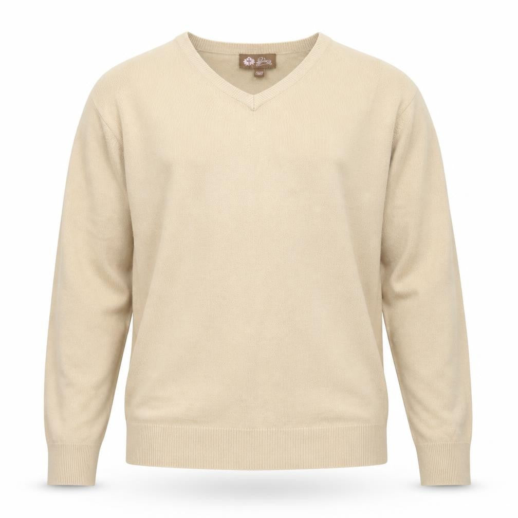 Front view of Lime men’s beige v-neck acrylic jumper, size XL
