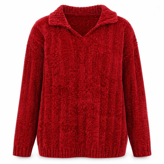 Front view of Essentials women’s red collared acrylic jumper, size L