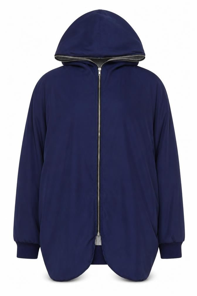 Front view of DJT women’s blue jacket coat, size M, zip