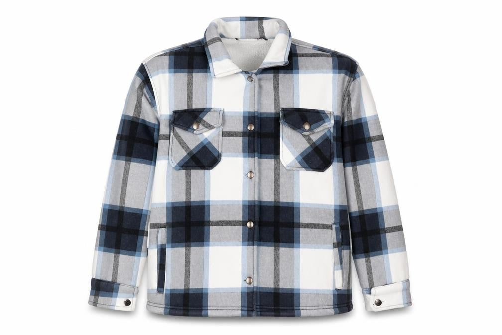 Front view of MALAIKA women’s white plaid varsity jacket coat, size L, button