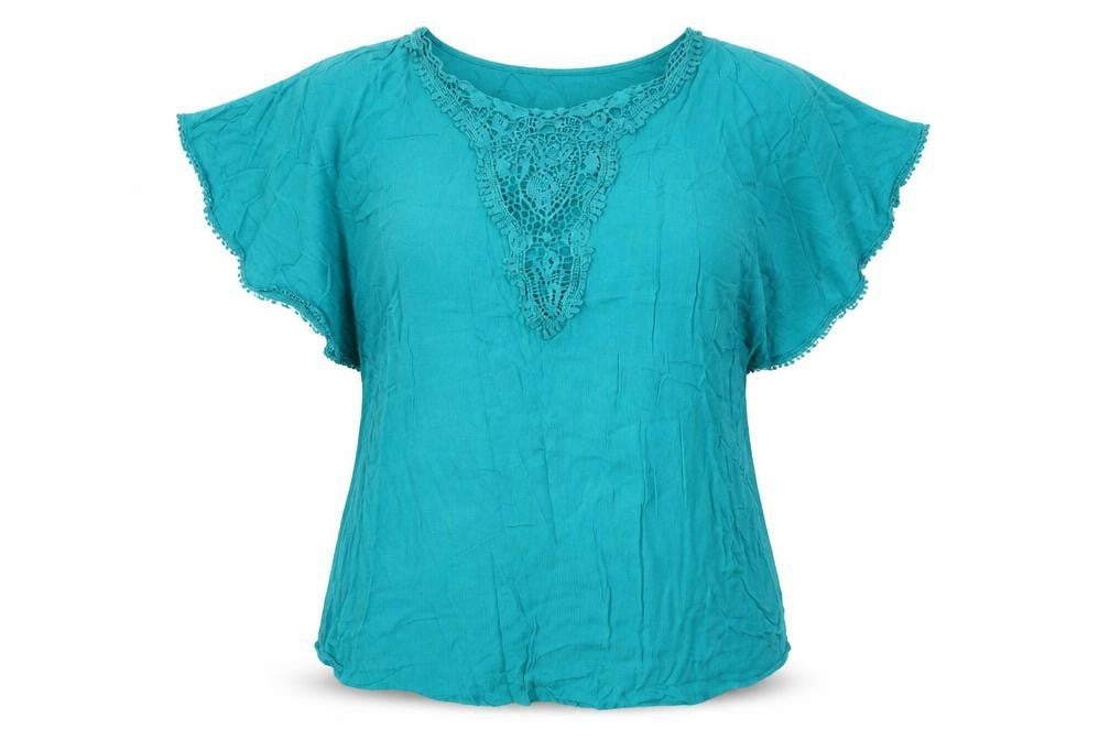 Front view of Butterfly women’s blue viscose basic t-shirt, size UK 14, v-neck