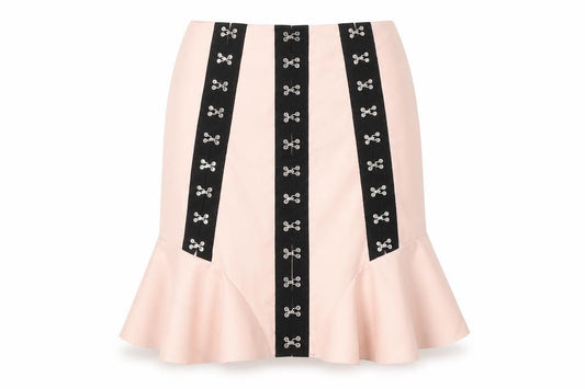 Front view of PRETTYLITTLETHING women’s pink polyester trumpet skirt, size UK 6