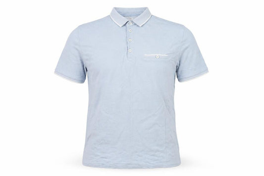Front view of Linea men’s blue cotton polo, size M, collared pullover