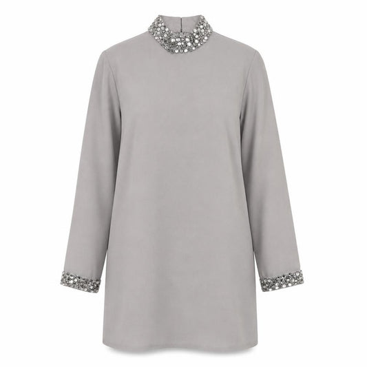 Front view of ASOS women’s grey polyester shift, size UK 8, round neck zip