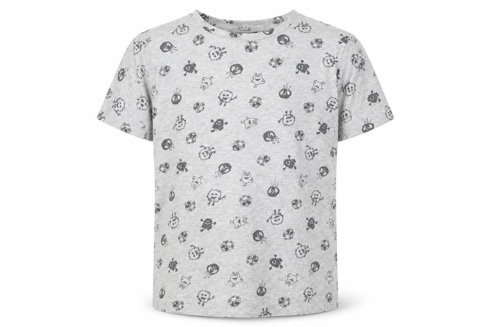 Front view of Bershka boys’ grey cotton basic t-shirt, size M, round neck pullover - monster