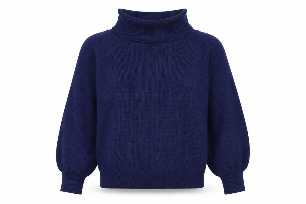 Front view of L.C.2 women’s blue roll neck viscose jumper, size S