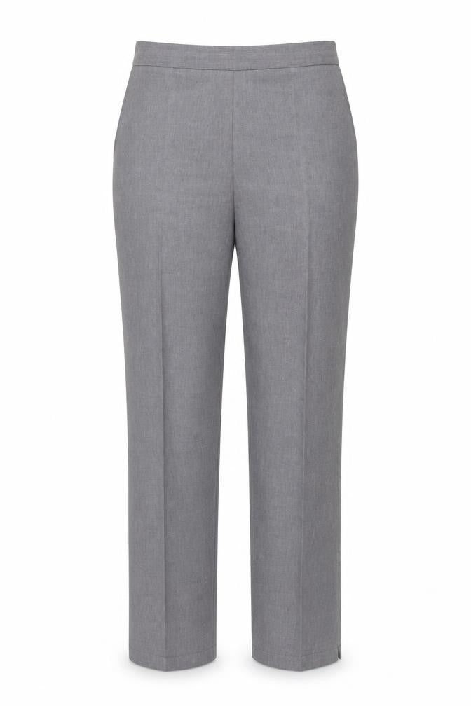 Front view of Preworn women’s grey polyester trousers, size UK 14, 24-inch leg regular