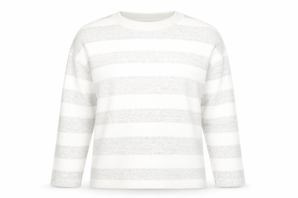Front view of F&F women’s grey round neck striped polyester jumper, size UK 10