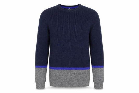 Front view of Marks & Spencer men’s blue round neck polyester jumper, size S