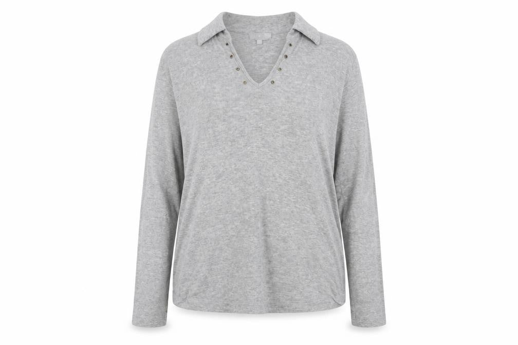 Front view of JFW women’s grey v-neck acrylic jumper, size UK 14