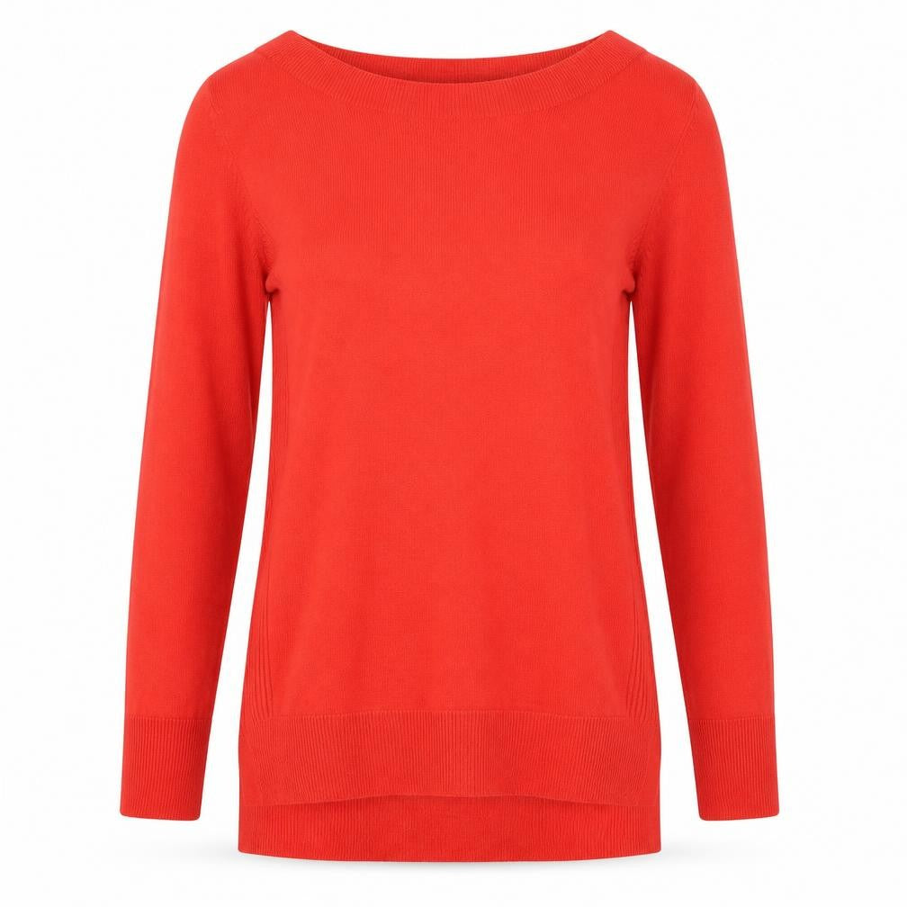 Front view of F&F women’s red round neck acrylic jumper, size UK 10