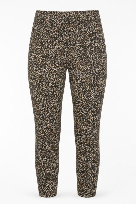 Front view of women’s multicoloured animal print polyester jegging jeans, size UK 34, 27-inch leg regular