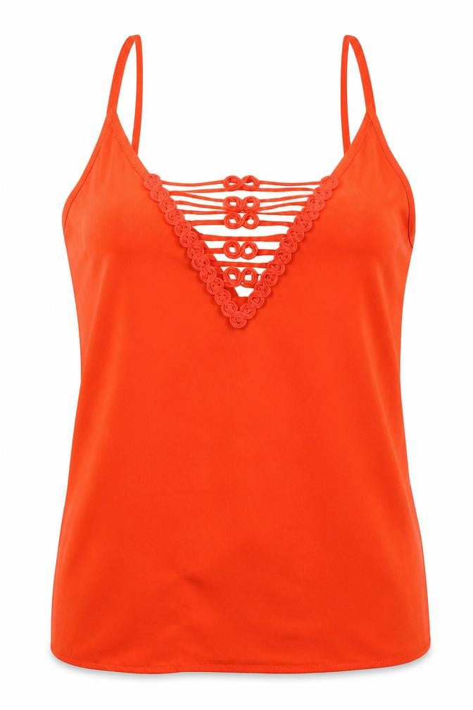Front view of River Island women’s orange viscose camisole blouse, size UK 8, round neck