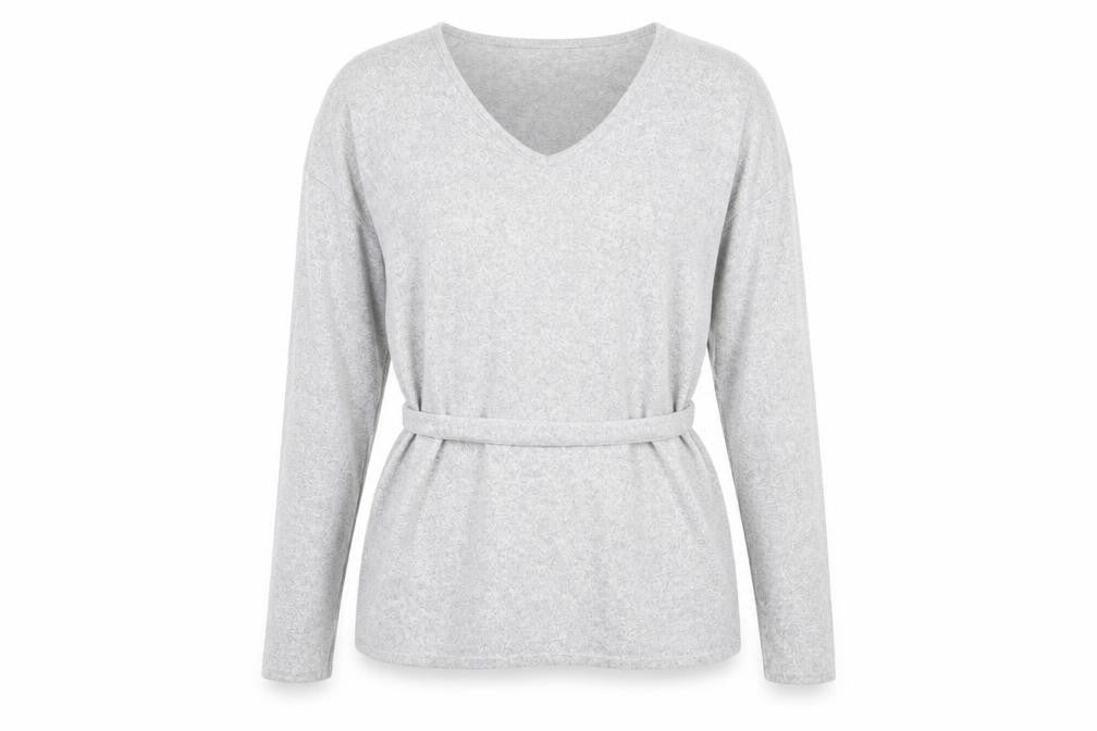 Front view of Papaya women’s grey v-neck polyester jumper, size UK 12