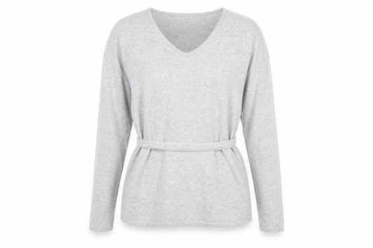 Front view of Papaya women’s grey v-neck polyester jumper, size UK 12