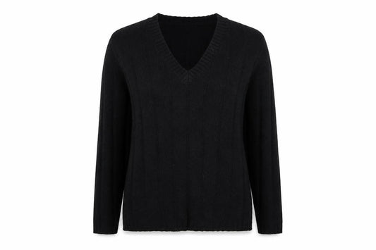 Front view of PRETTYLITTLETHING women’s black v-neck acrylic jumper, size S