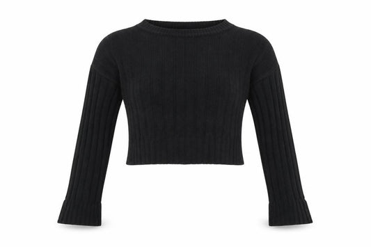 Front view of PRETTYLITTLETHING women’s black boat neck acrylic jumper, size M