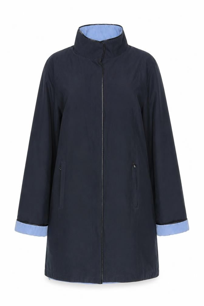 Front view of David Barry women’s blue rain coat coat, size UK 12, snap