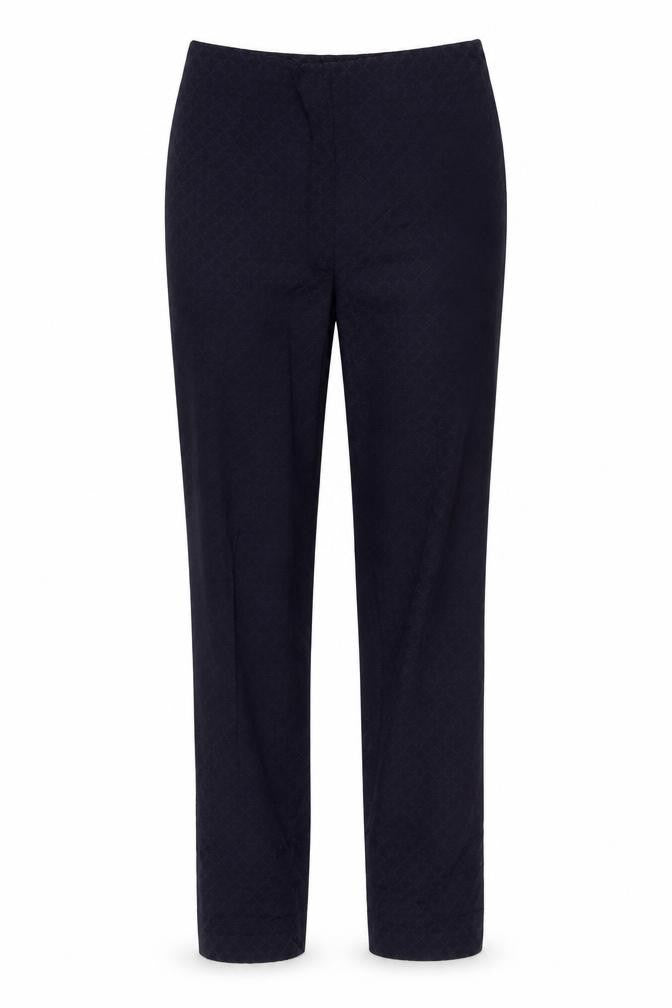 Front view of H&M women’s black geometric cotton trousers, size UK 8, 32-inch leg regular zip