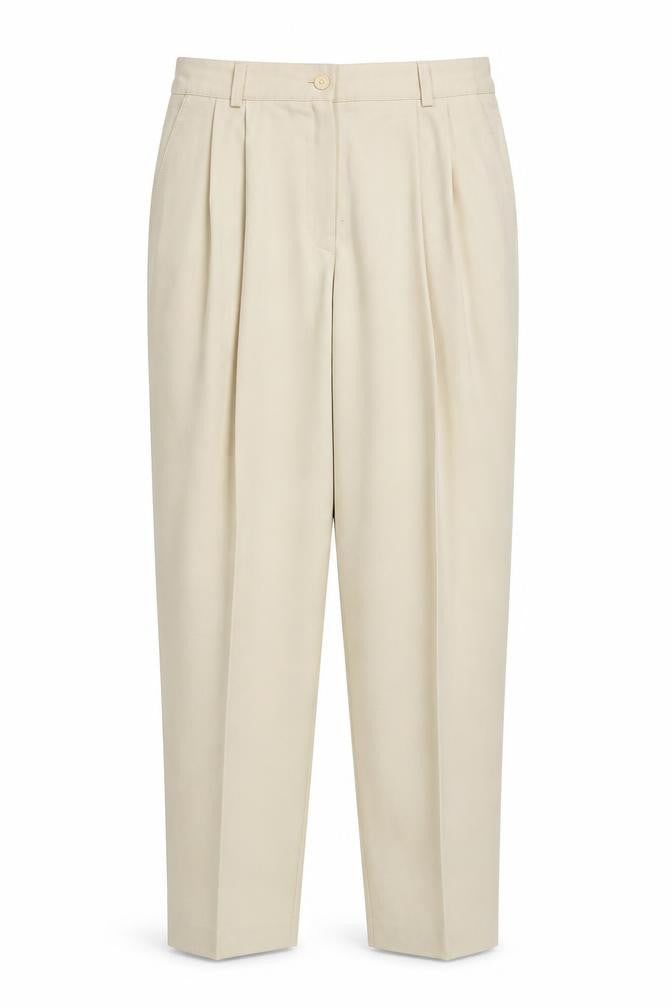 Front view of Soon women’s beige polyester trousers, size UK 14, 30-inch leg regular zip