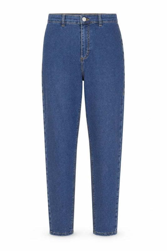 Front view of Topshop women’s blue cotton straight jeans, size UK 26, in, 27-inch leg regular zip