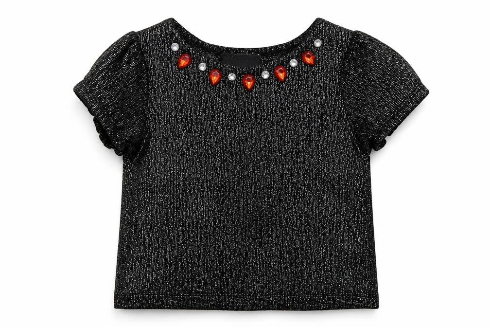 Front view of Bloome girls’ black polyester basic t-shirt, size 4, years boat neck pullover
