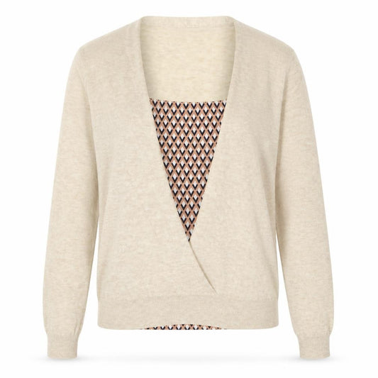 Front view of F&F women’s beige v-neck geometric acrylic cardigan jumper, size UK 10