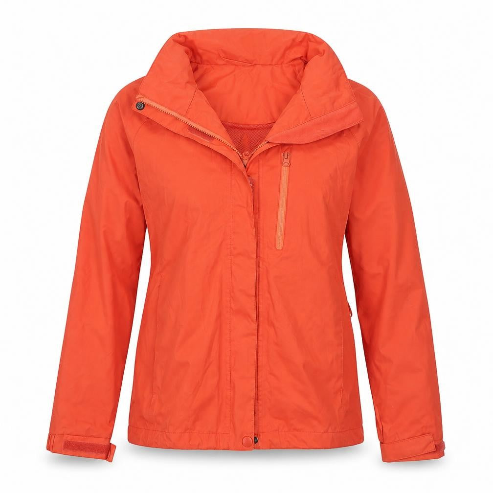 Front view of Hi Gear women’s orange rain coat coat, size UK 10, zip