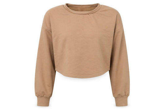 Front view of Boohoo women’s beige cotton pullover sweatshirt, size S, pullover - cropped