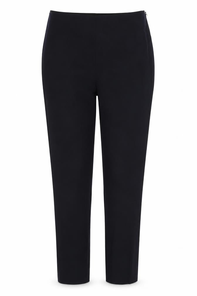 Front view of H&M women’s blue polyester trousers, size UK 8, 27-inch leg regular zip