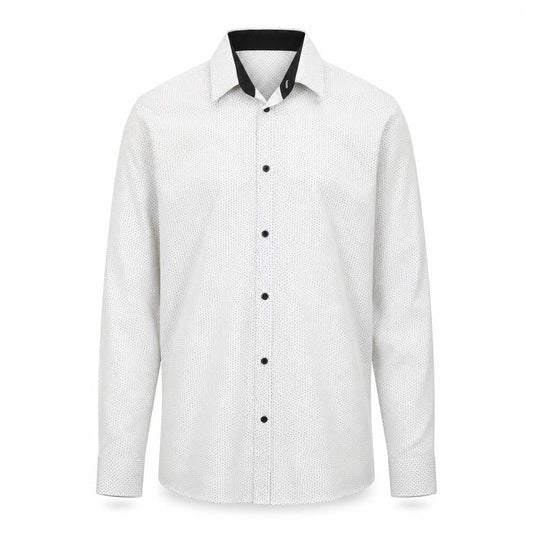 Front view of Cedarwood State men’s ivory polka dot cotton button-up, size 38, collared