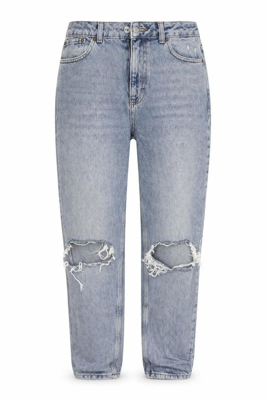 Front view of Topshop women’s blue cotton mom jeans, size UK 28, in, 32-inch leg regular button