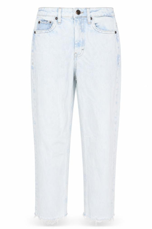 Front view of Topshop women’s blue cotton cropped jeans, size UK 25, in, 30-inch leg regular button