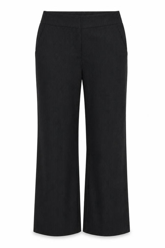 Front view of Papaya women’s black striped polyester trousers, size UK 12, 27-inch leg regular zip